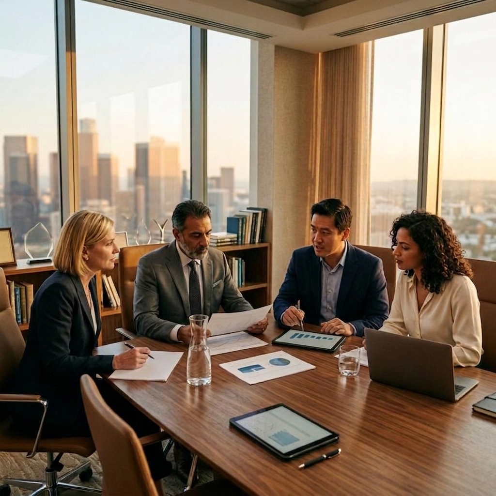 Animal health industry leaders reviewing business strategy in a boardroom