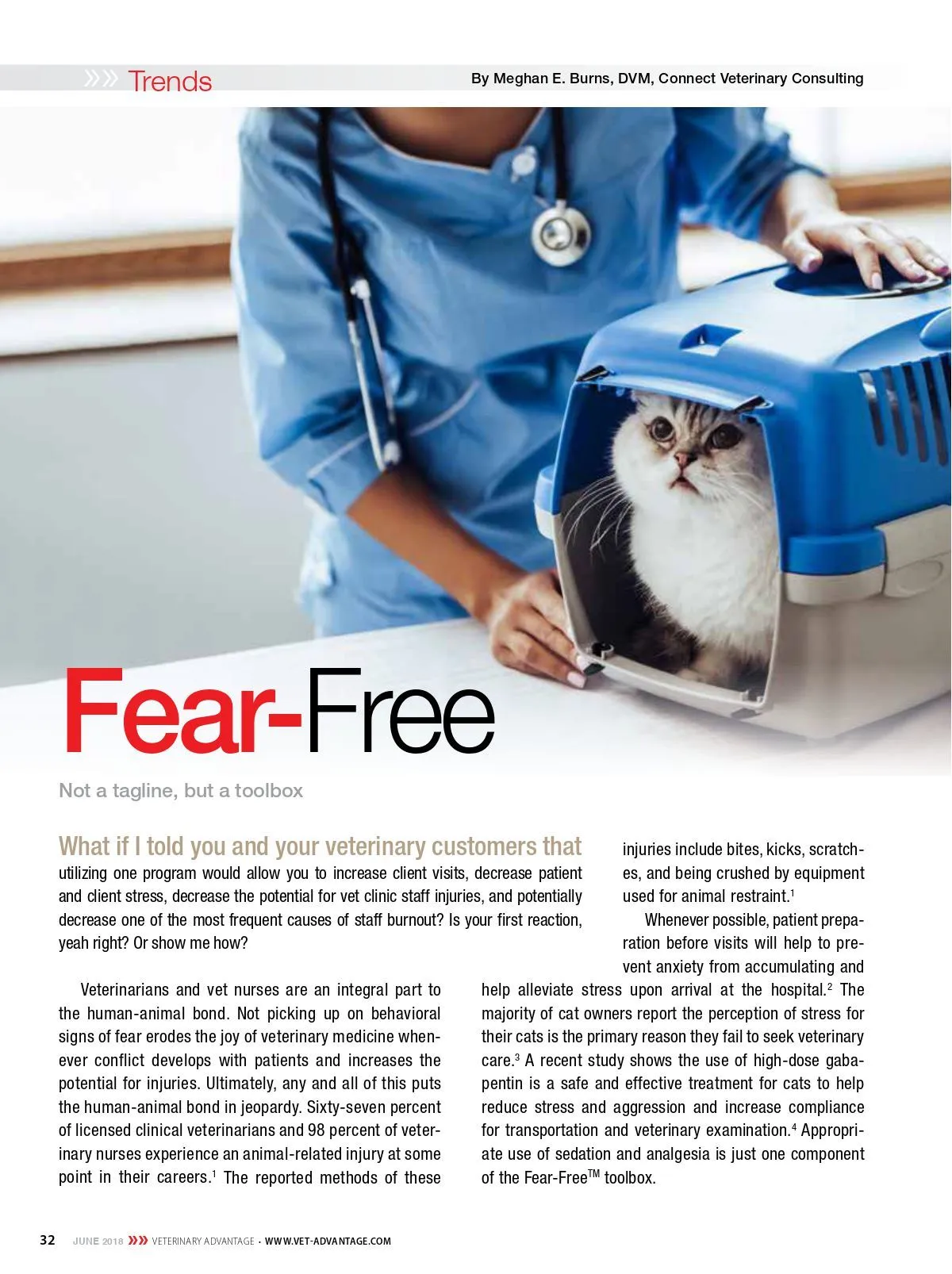 Veterinary Advantage article page titled Fear-Free with a veterinarian and a cat in a carrier